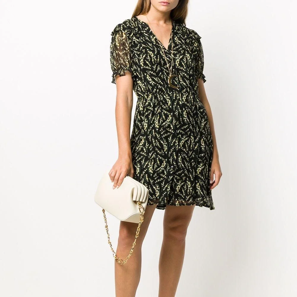 BA&SH Matcha Floral Mini Dress Noir Flowy Ruffles Elastic Waist BLK/Yellow SZ 4 - Picture 3 of 16